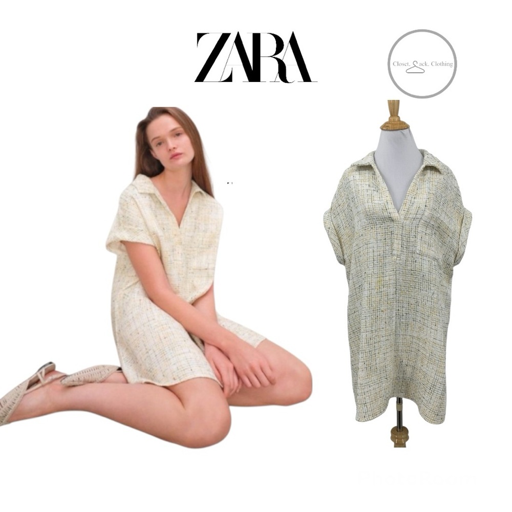 ZARA Multicolor Fleck Tweed Short-Sleeve Dress Size Small